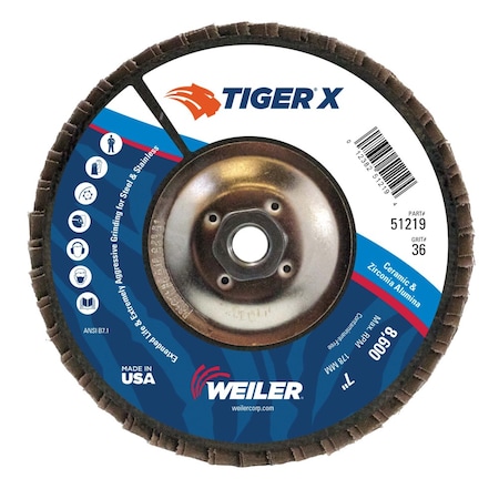 Weiler 7" Tiger X Flap Disc, Conical (TY29), Phenolic Backing, 36Z, 5/8-11" 51219